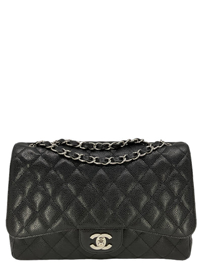 CHANEL Classic Double Chain Flap Bag In Black Caviar Leather-Consigned Designs