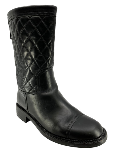 CHANEL Black Calfskin Quilted CC Boots Size 8.5-Consigned Designs