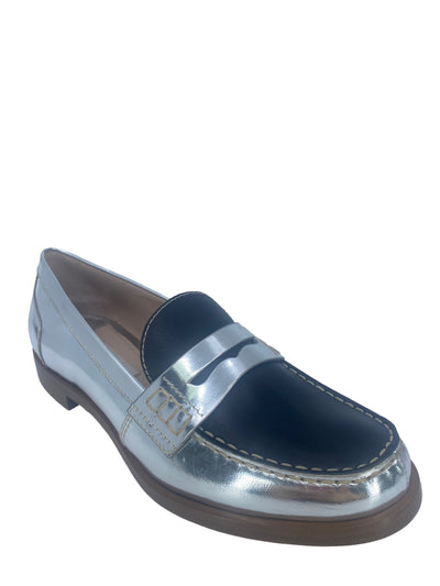 Miu Miu Metallic Silver and Black Leather Penny Loafers Size 37 IT-Consigned Designs