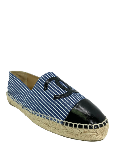 CHANEL Canvas Striped Patent Leather CC Espadrilles Size 9-Consigned Designs