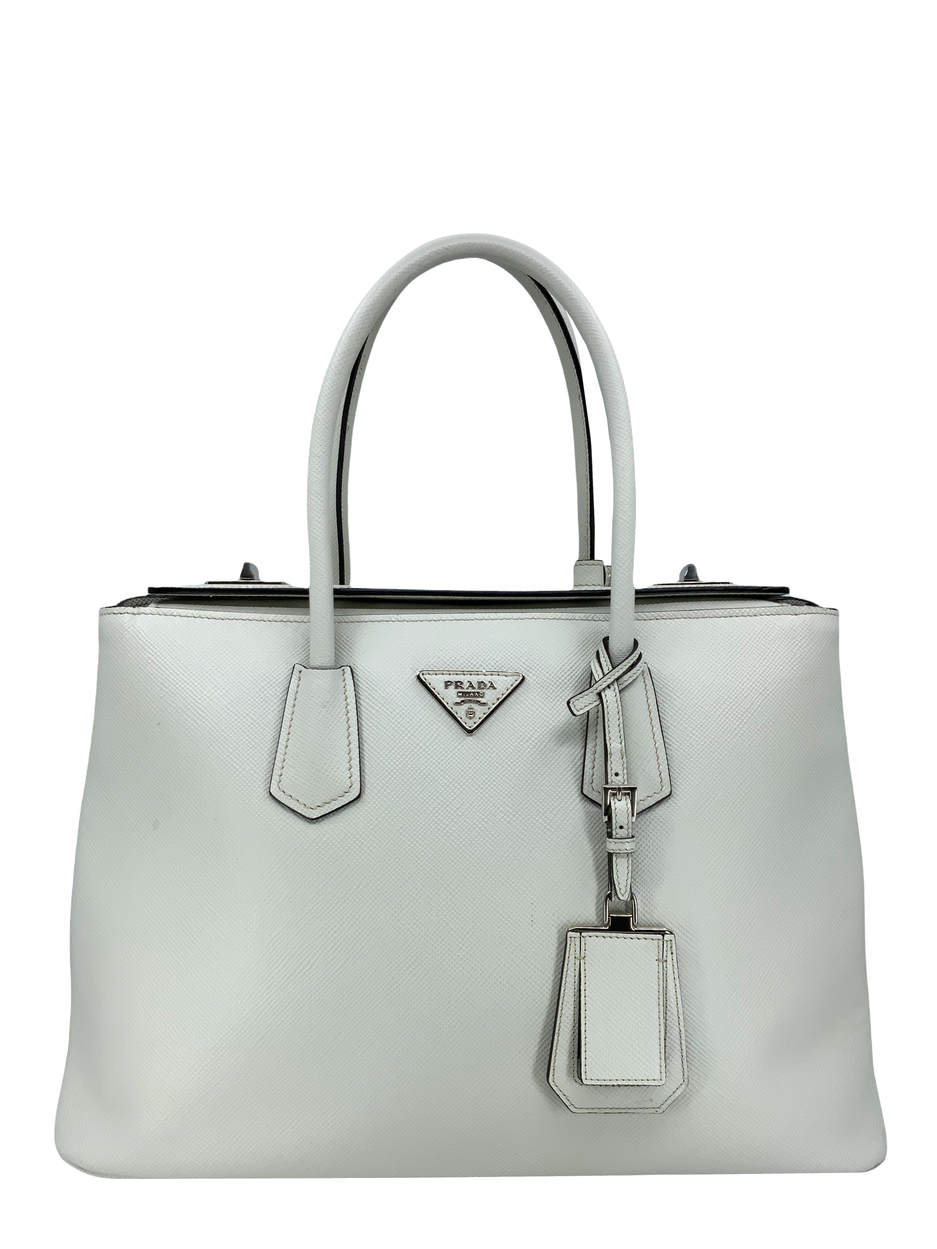 Prada Grey Saffiano Cuir Leather Twin Tote Bag