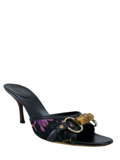 Gucci Canvas Floral Bamboo Horsebit Sandals Size 7-Consigned Designs