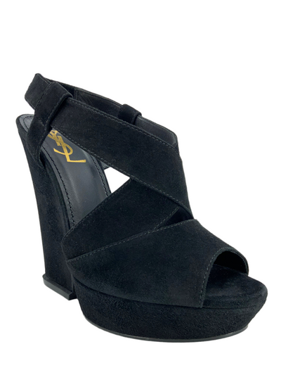 Yves Saint Laurent YSL Hortense 105 Suede Peep Toe Wedges Size 9.5-Consigned Designs