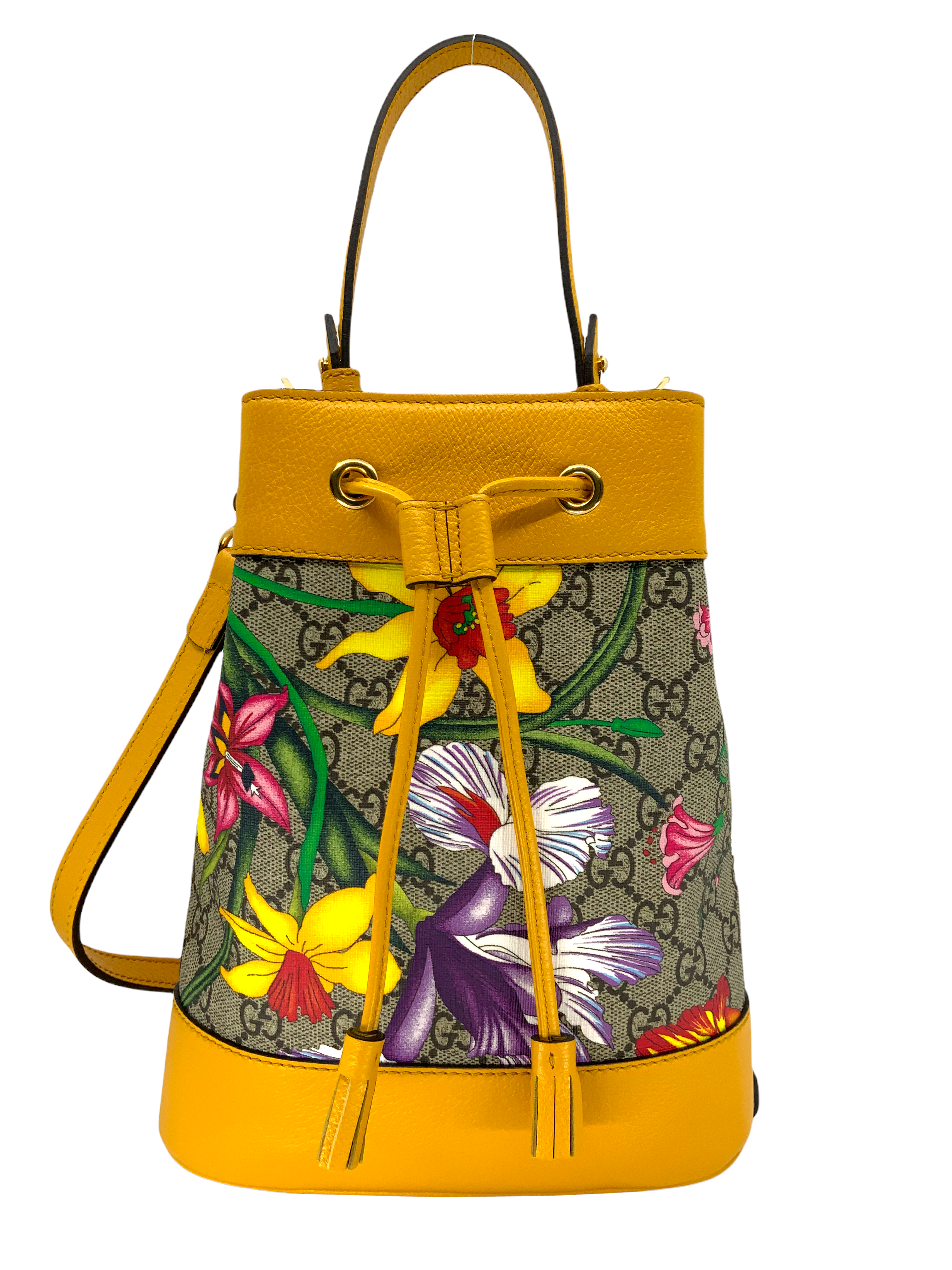 Gucci GG supreme monogram flora bucket bag with yellow leather