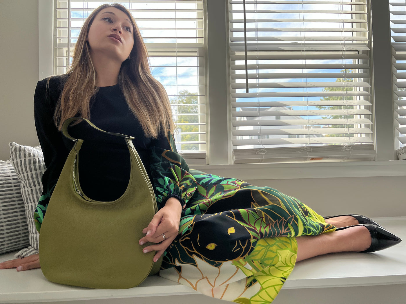 Authentic Hermes Hobo in green Clemence Leather and Valentino In The Jungle Silk Dress. 