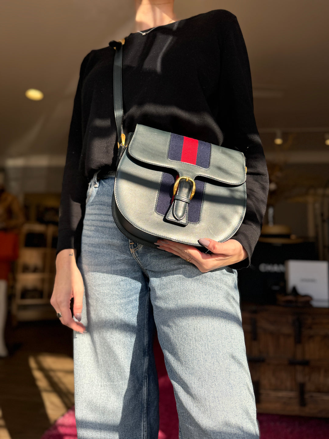 GUCCI Vintage Leather Web Saddle Flap Bag - Consigned Designs GUCCI Vintage Leather Web Saddle Flap Bag - Consigned Designs