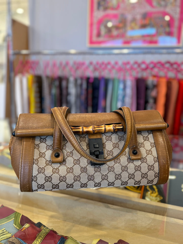 Gucci Monogram GG Canvas Leather Bamboo Bullet Bag Consigned Designs