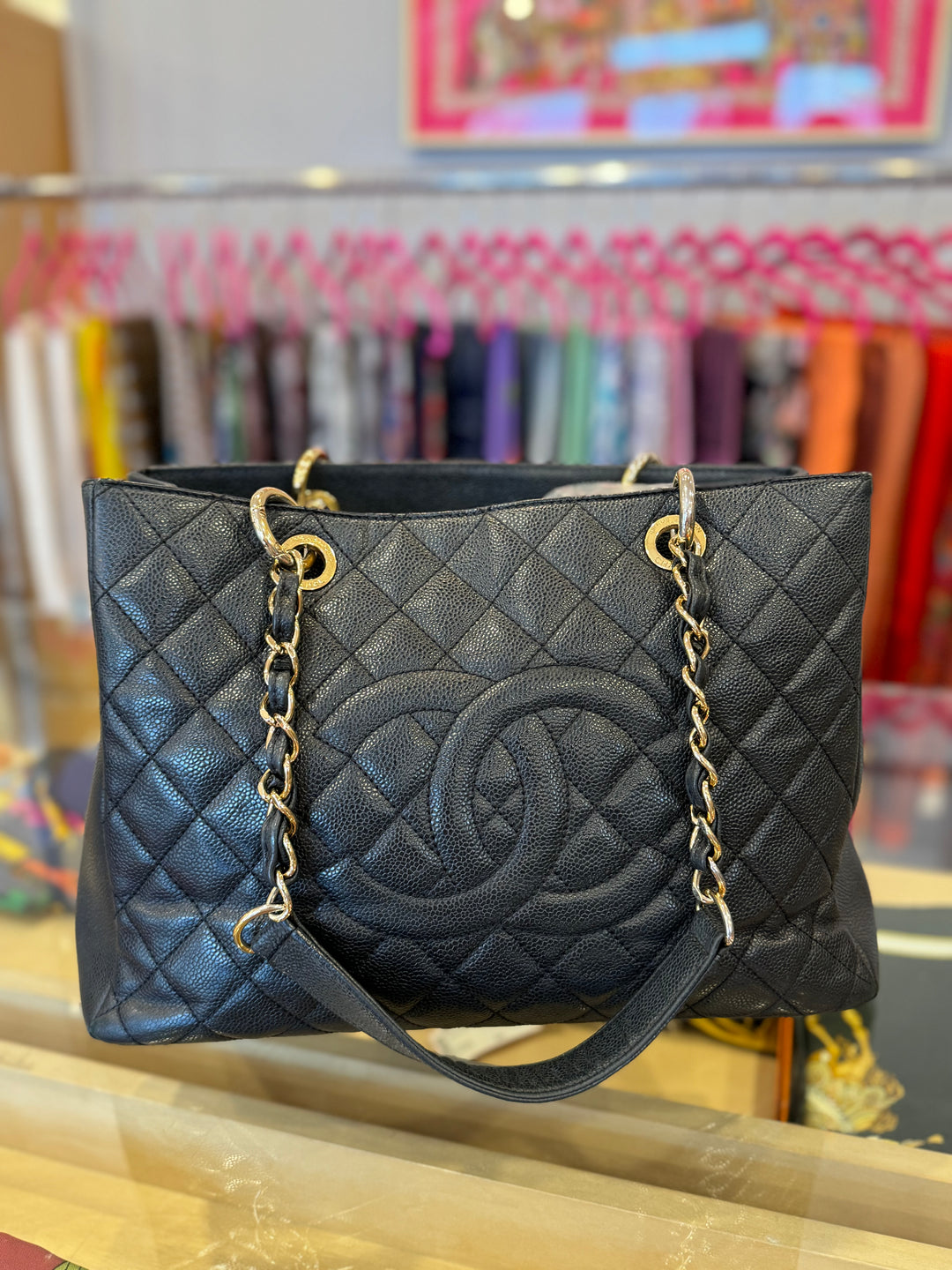 Chanel Pre owned Black Quilted Caviar Leather GST Shopper Tote
