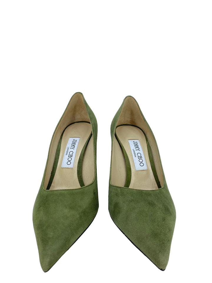 Jimmy Choo Green Suede Pumps 7.5 - Consigned Designs