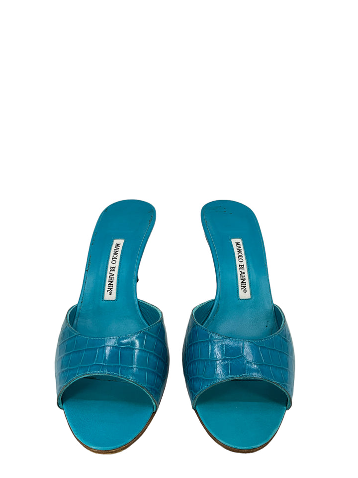 Manolo Blahnik Turquoise Alligator Mules Size 11 - Consigned Designs