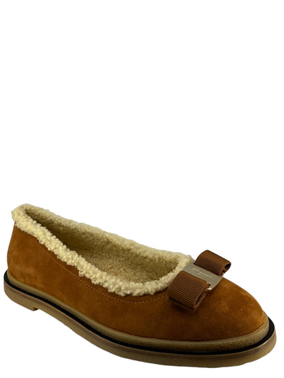 Salvatore Ferragamo Varina Suede Shearling Ballerina Flats In Brown Size 7.5-Consigned Designs