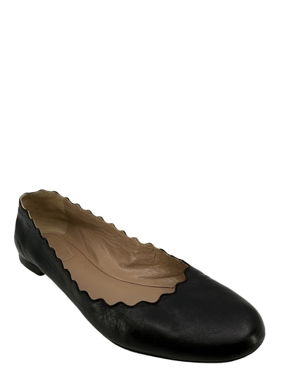 Chloe Lauren Scalloped Black Leather Flats-Consigned Designs