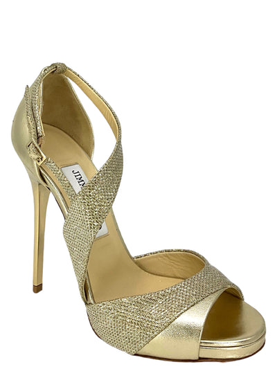 JIMMY CHOO 'Tyne 120' Pumps in Gold Lamé and Metallic Nappa Leather Size 7.5-Consigned Designs