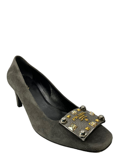 Prada Gray Suede Embellished Pumps Size 9-Consigned Designs