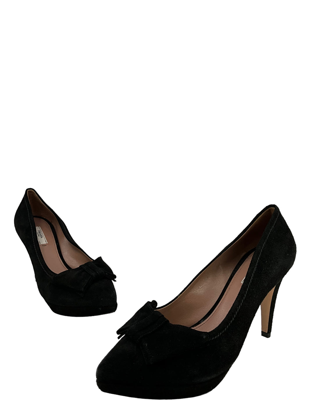 【PRADA✨】 ハイヒール 23.5~24cm 黒 ブラック 本革 箱付 Prada Black Suede Platform Pumps With Bow Size 8.5