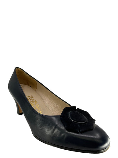Salvatore Ferragamo Vintage Navy Blue Leather Pumps Size 7.5-Consigned Designs