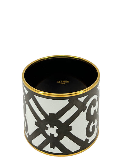 Hermes Monochrome Printed Enamel Gold Plated Extra Wide Bangle Bracelet-Consigned Designs