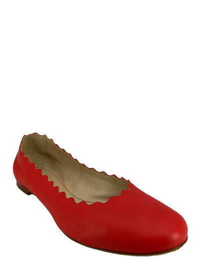 Chloe Lauren Scalloped Red Leather Flats Size 7.5-Consigned Designs