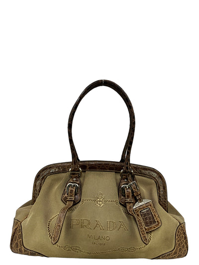 Prada Canvas And Brown Crocodile Handbag-Consigned Designs