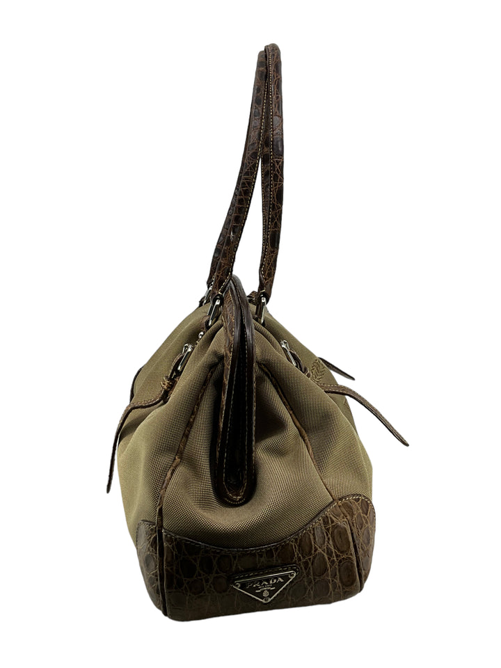 Prada Canvas And Brown Crocodile Handbag - Consigned Designs