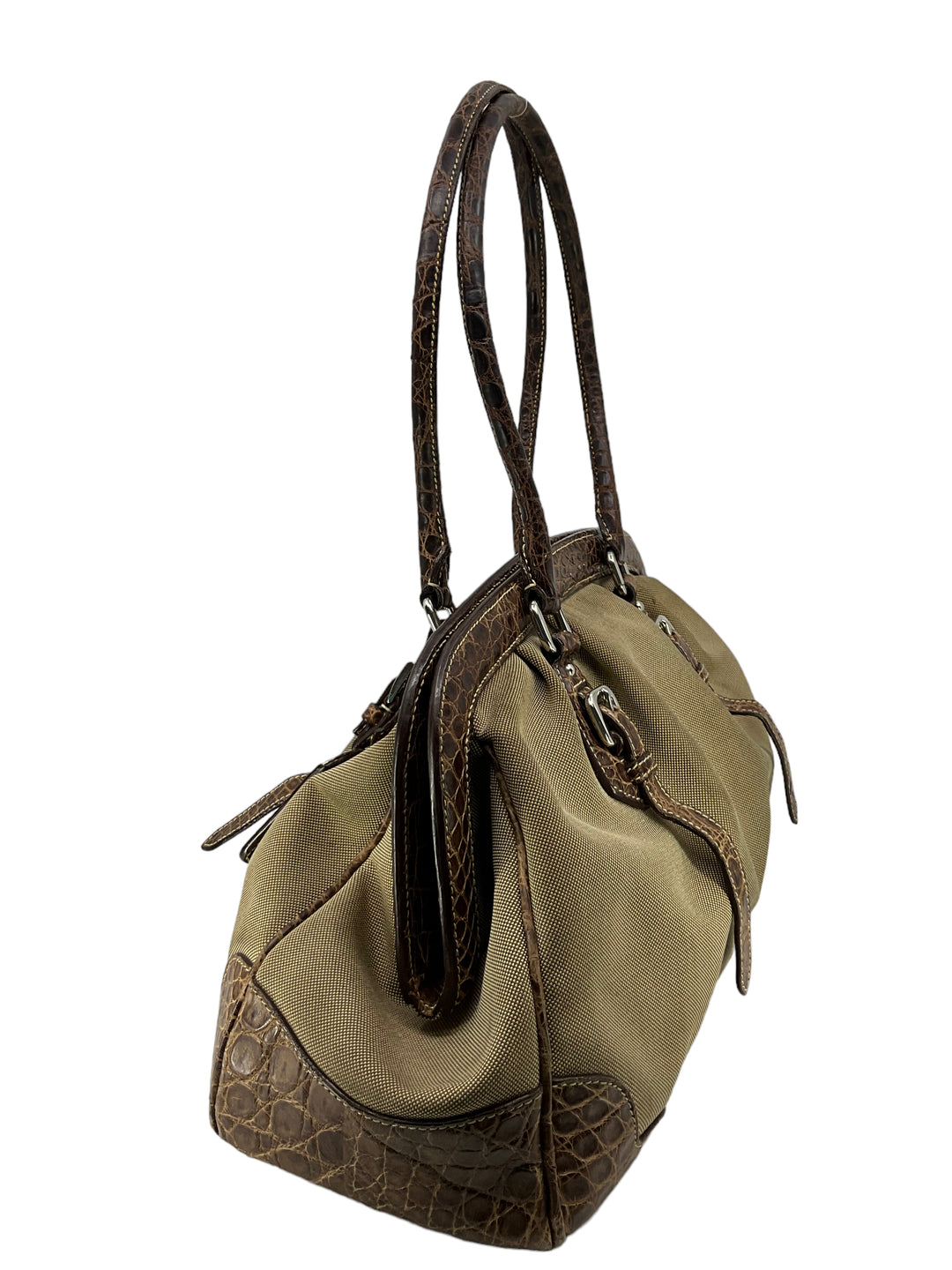Prada Canvas And Brown Crocodile Handbag - Consigned Designs