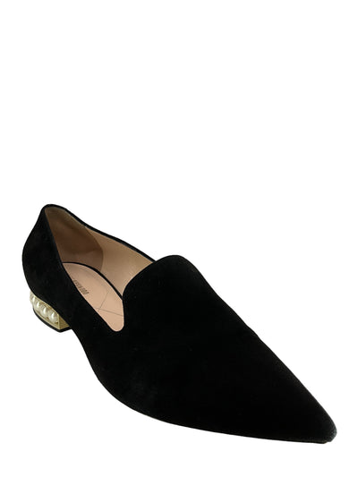 Nicholas Kirkwood Black Suede Pearl Heel Loafers Size 9-Consigned Designs