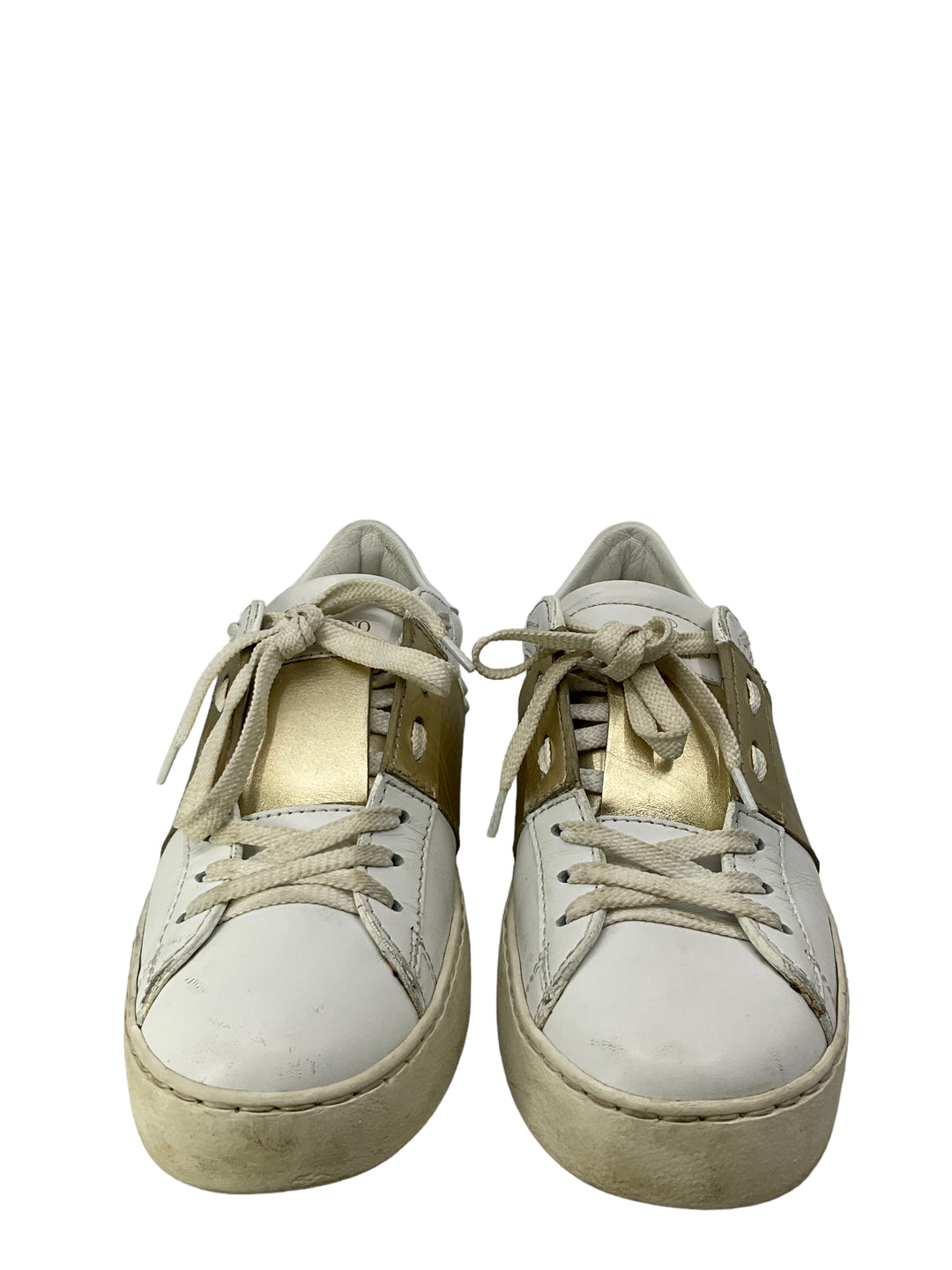 Valentino Garavani Rockstud White And Gold Leather Sneakers