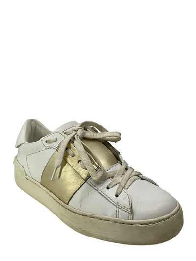 Valentino Garavani Rockstud White And Gold Leather Sneakers Size 6.5-Consigned Designs