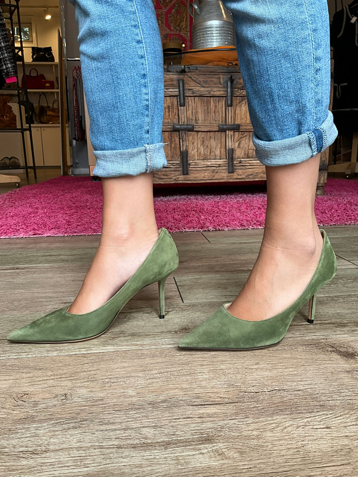 Jimmy Choo Green Suede Pumps 7.5 - Consigned Designs