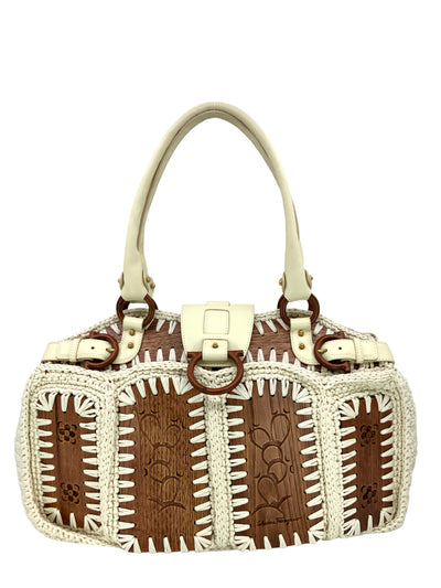 Salvatore Ferragamo Cotton Crochet Wood Panels Tote Bag-Consigned Designs