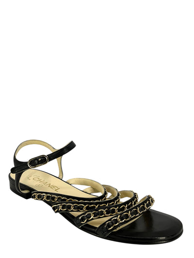CHANEL Chain Link Leather Flat Sandals Size 9-Consigned Designs