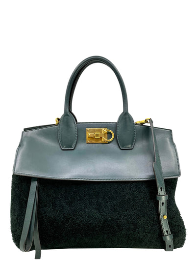 SALVATORE FERRAGAMO Shearling and Leather Large Studio Bag-Consigned Designs