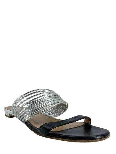 Aquazzura Metallic Strappy Leather Flat Sandals Size 7.5-Consigned Designs