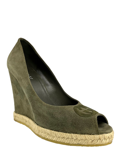 Gucci Suede Wedge Peep Toe Wedges Size 6-Consigned Designs