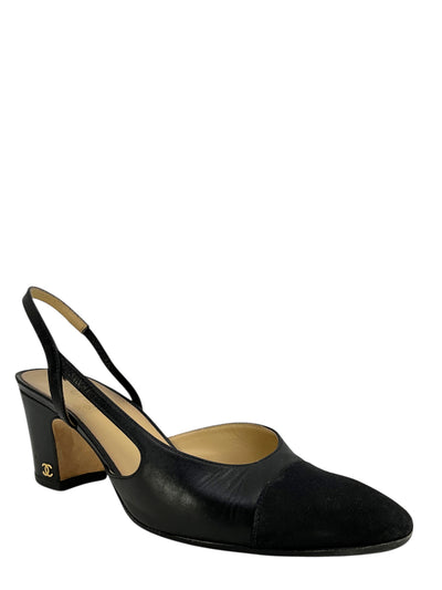 CHANEL Leather Cap Toe CC Slingbacks Size 9-Consigned Designs