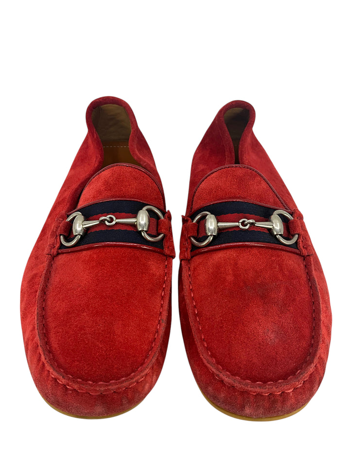Gucci Coral red Suede Horsebit Loafers with Silver Accents size 8 1/2 G $890 Mens Red Gucci Leather Horse Bit Loafers Sz 11 G / 12  main image 2