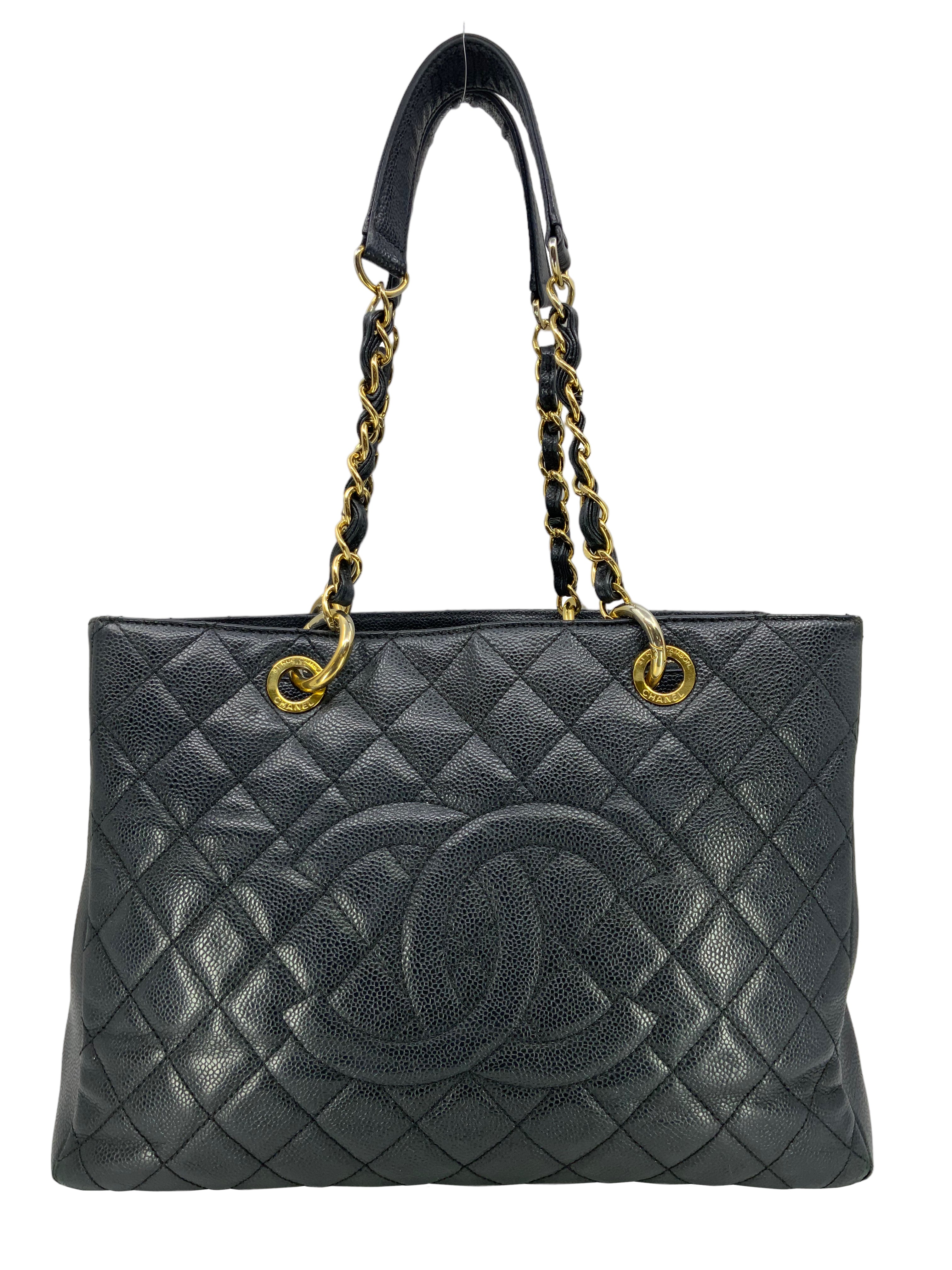 Authentic Chanel Black Quilted Caviar Leather Grand Shopper Tote