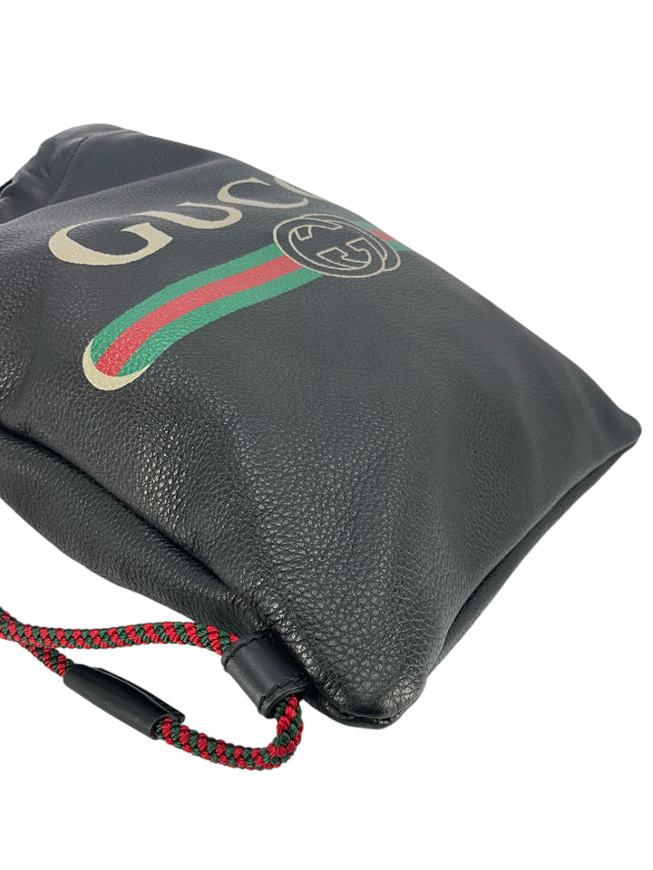 black leather gucci backpack Gucci Logo Print Calfskin Leather Drawstring Backpack Bag