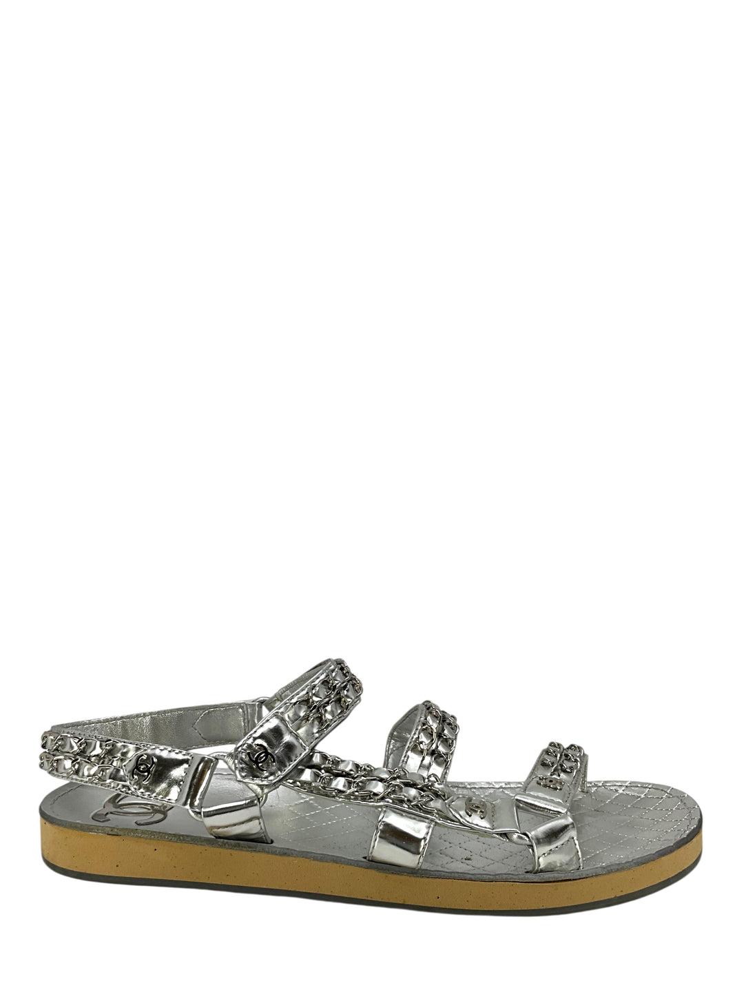 CHANEL Laminated Goatskin Chain Flat Sandals Size 11 - Consigned