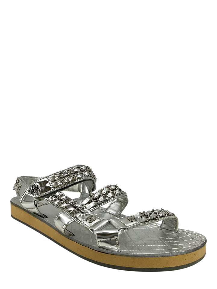 CHANEL Laminated Goatskin Chain Flat Sandals Size 11 - Consigned