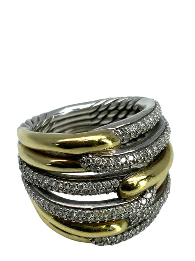 David Yurman Sterling Silver 18K Yellow Gold Diamond Triple Loop Labyrinth Ring-Consigned Designs