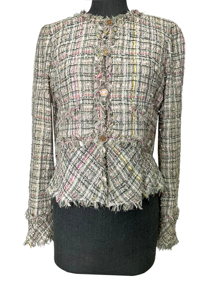 CHANEL 05P Frayed Trim Tweed Jacket Size L - Consigned Designs