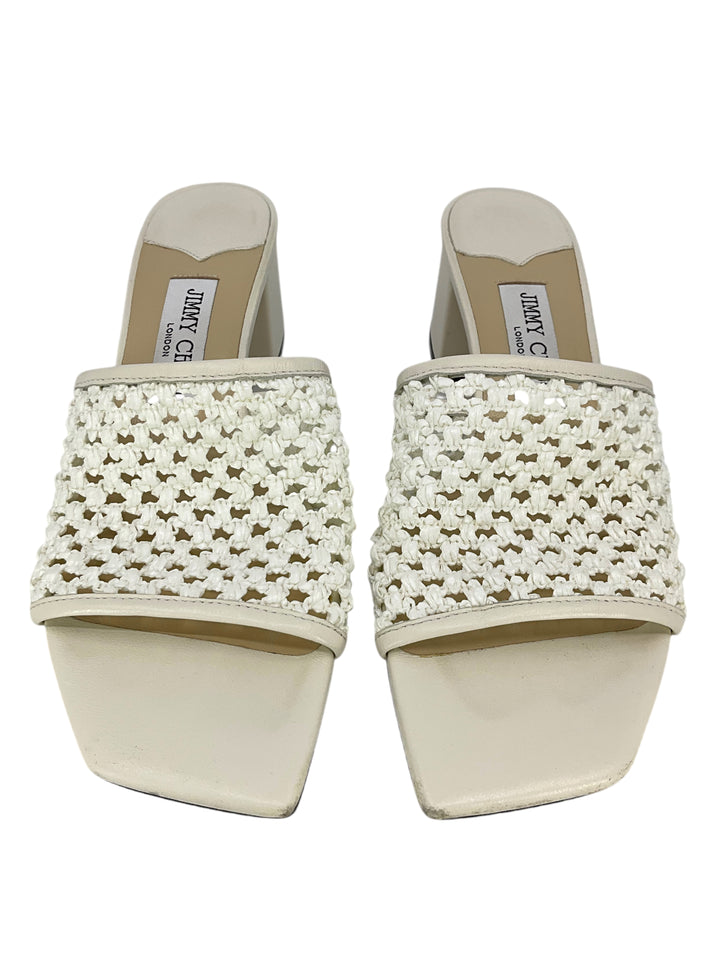 Jimmy Choo Themis 45 Woven Raffia Mules Size 8 - Consigned Designs