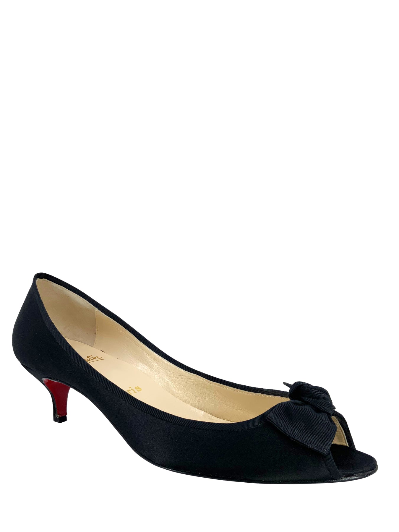 Christian Louboutin Black Satin Peep Toe Heels