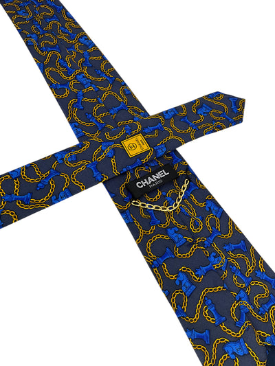 CHANEL CC Logo Chess Pieces Chain Link Printed Silk Men's Neck Tie-Consigned Designs