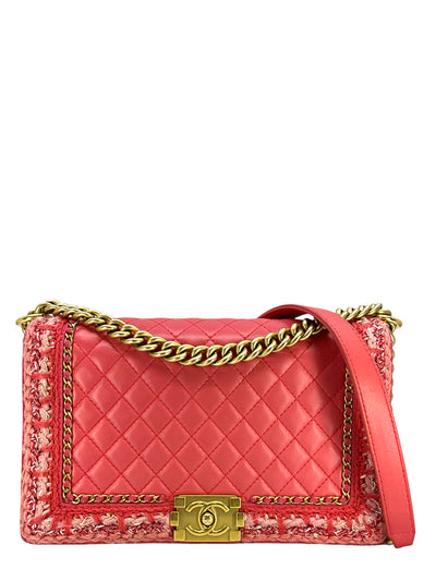 Chanel Pink Quilted Lambskin Boy Bag With Tweed Size M-Consigned Designs