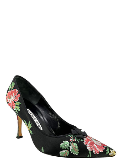 MANOLO BLAHNIK Floral Embroidered Satin Pumps Size 7-Consigned Designs