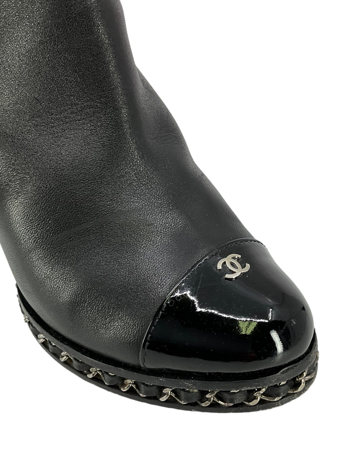 CHANEL Leather Chain CC Cap Toe Ankle Boots Size Consigned