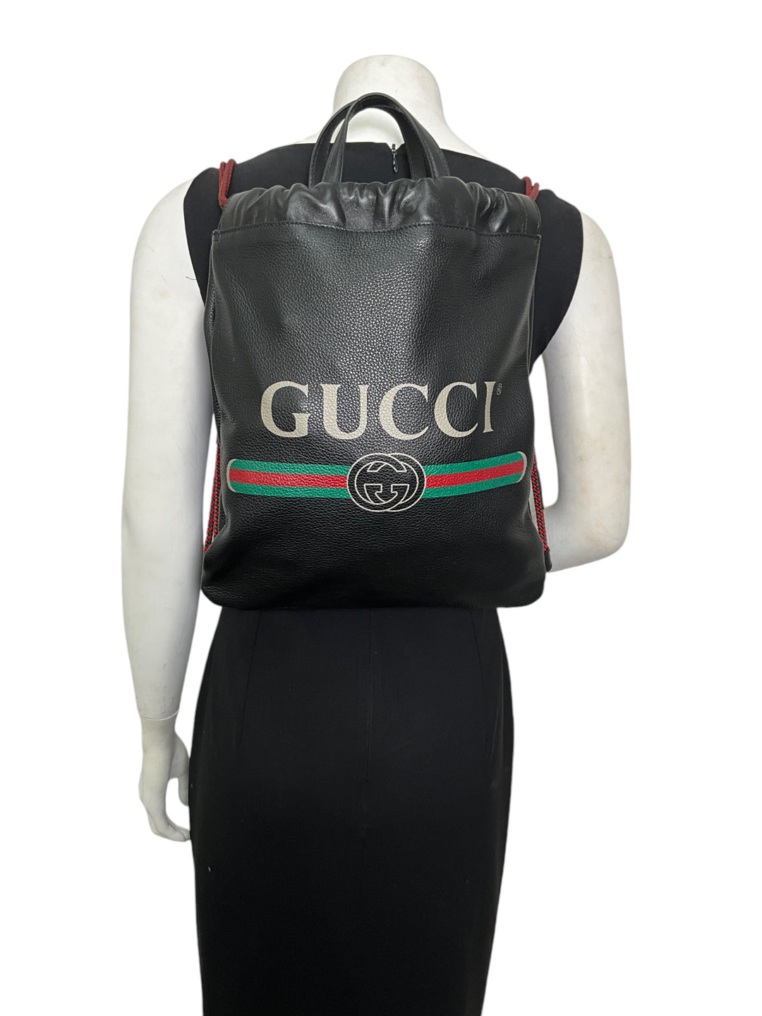 Gucci Logo Print Calfskin Leather Drawstring Backpack Bag