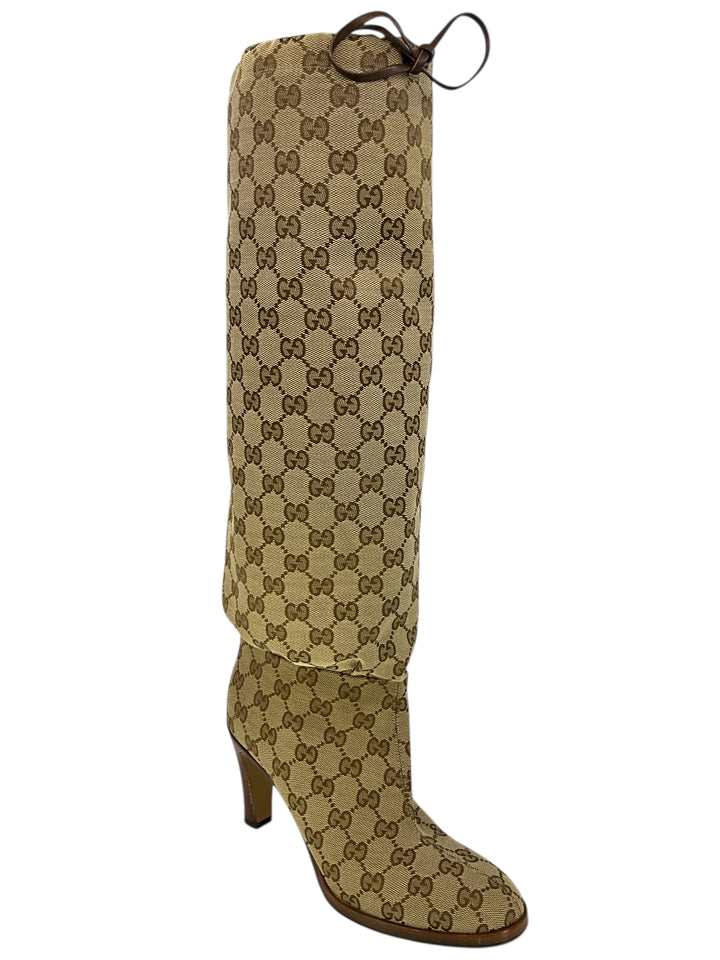 GUCCI Malaga Kid Lisa GG Monogram Canvas Knee-High Boots Size 8